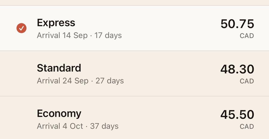 Three services in the Expedys app: Express 50.75, Standard 48.30 and Economy 45.50 CAD, each with its arrival date.